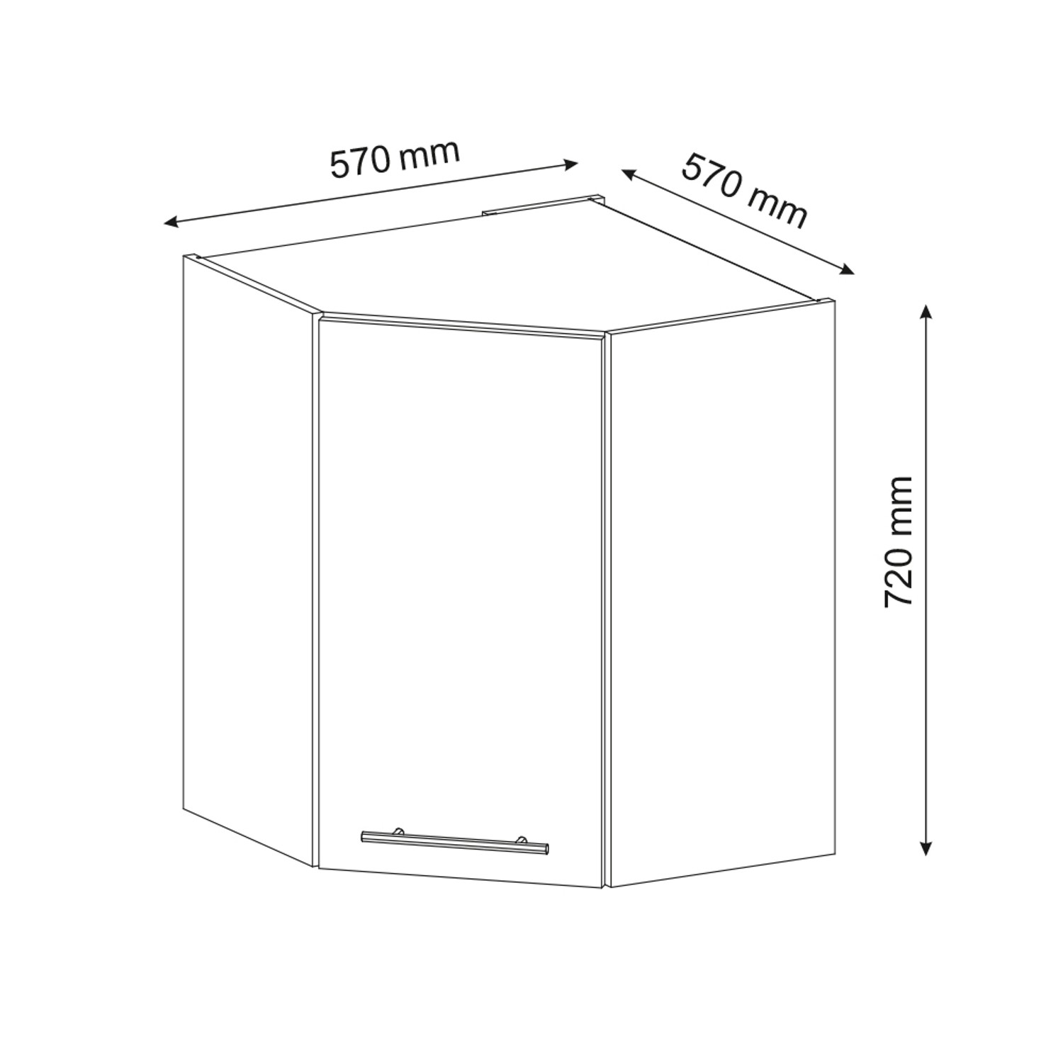 Skizze eines weißen/anthrazitfarbenen Vicco Eckhängeschranks Fame-Line, 57 cm, für die Küche.