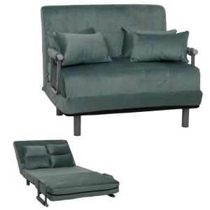 MCW Schlafsessel K29 in Blau-Grün mit Chenille-Bezug, als Sessel und Liege dargestellt.