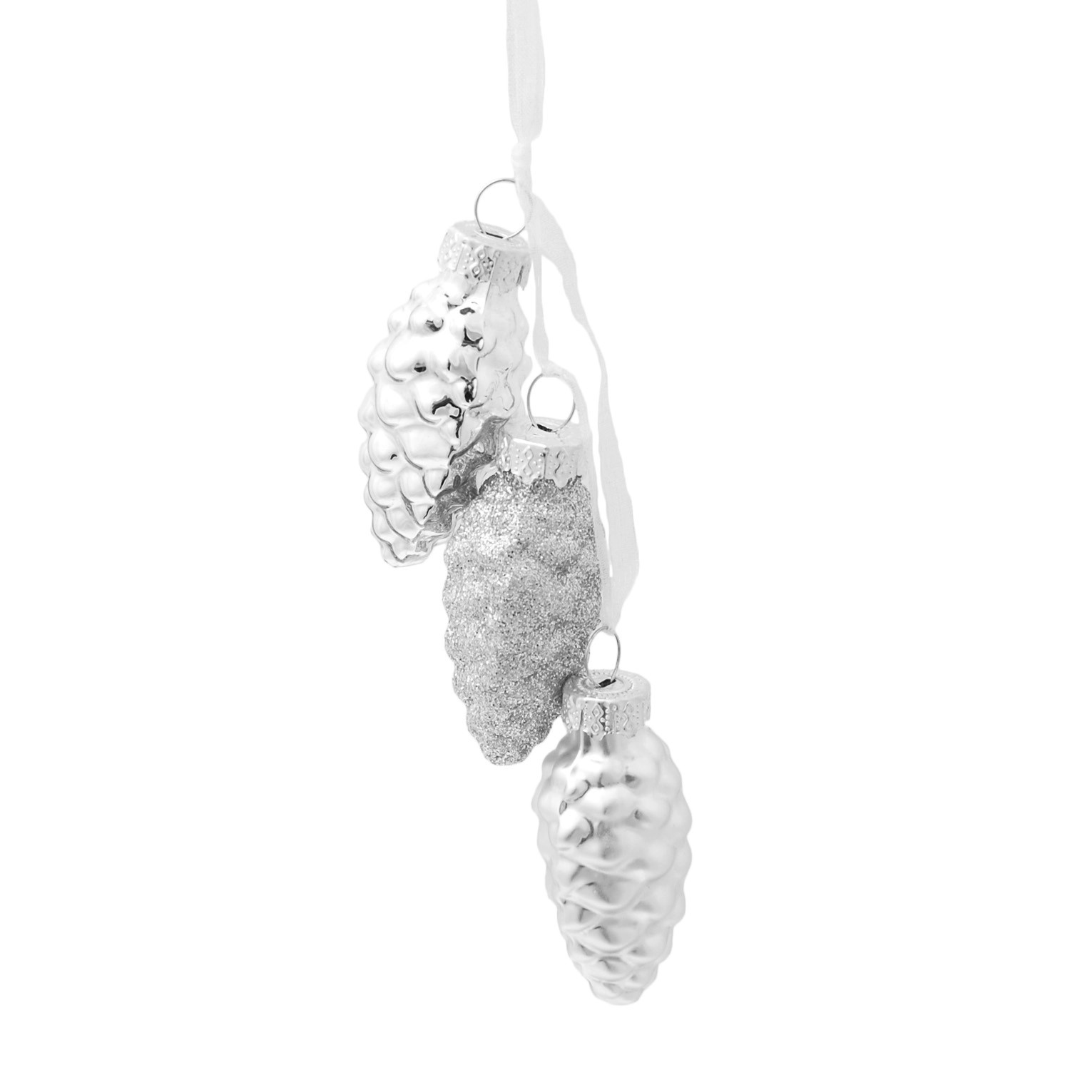 Krebs Glas Lauscha: 6er-Set silberne Tannenzapfen-Weihnachtsornamente (je 8cm).