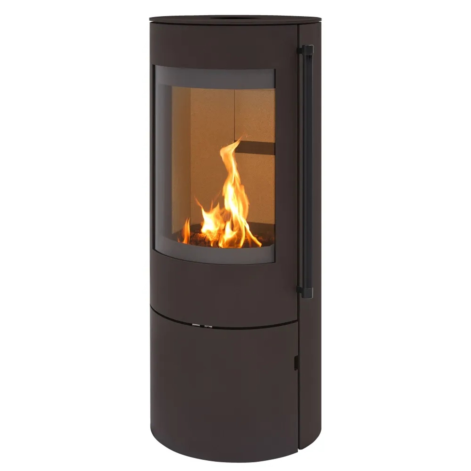 Brauner H&M Germany Kaminofen EVO 2.1 aus Stahl mit Panorama-Sichtscheibe und Holzfach.