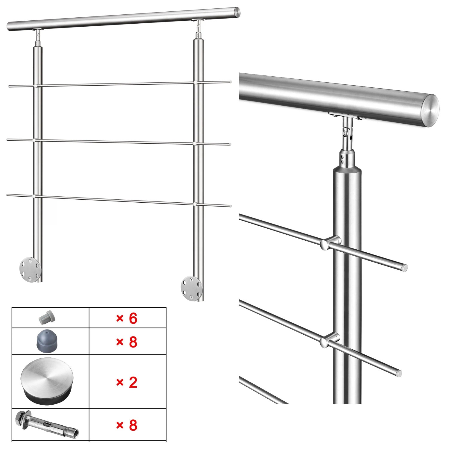 Edelstahl Geländer 100 cm mit 3 Querstäben, seitlicher Befestigung und Montagematerial für Treppen.