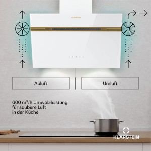 Weiße Klarstein Alina Dunstabzugshaube mit Touch-Bedienfeld und LED-Beleuchtung im Abluft- und Umluftbetrieb.