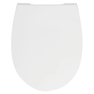 Weißer WC-Sitz Linio mit Absenkautomatik aus Duroplast und Edelstahl-Scharnier.