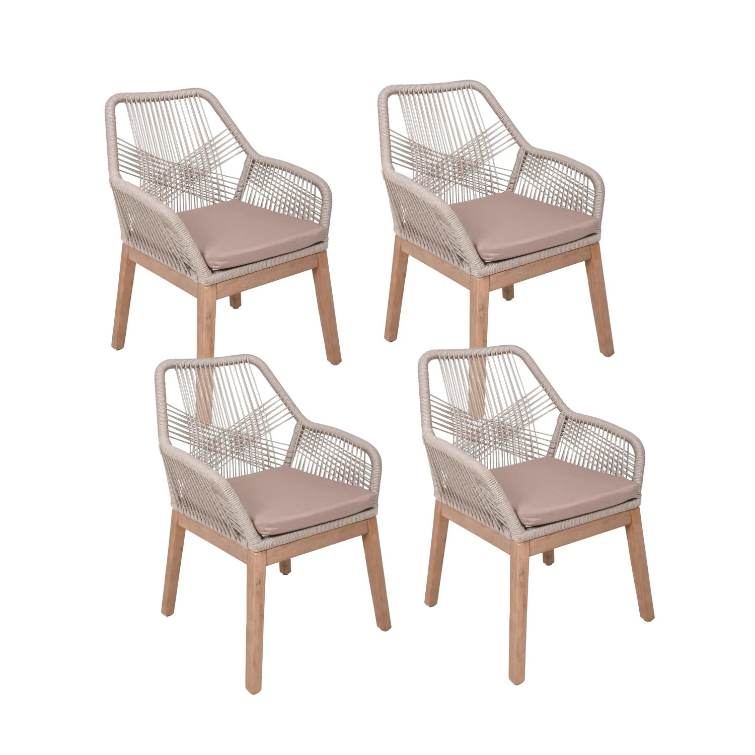 DELUKE Gartenstuhl 4er Set MARCUS Akazie Beige Seilbespannung Gartenstühle Wetterfest Essstühle Outdoor Terrasse