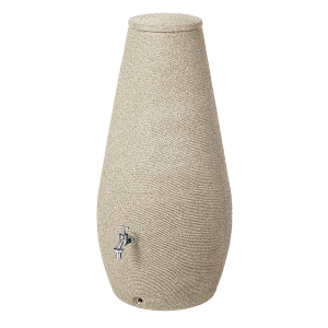 Arves Regenwassertank Drop 200 l in Sandstein-Optik mit Zapfhahn für den Garten.