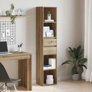 Schlankes Bücherregal Artisan-Eiche mit 4 offenen Fächern und 2 Schubladen, 171 cm hoch, aus Holzwerkstoff.