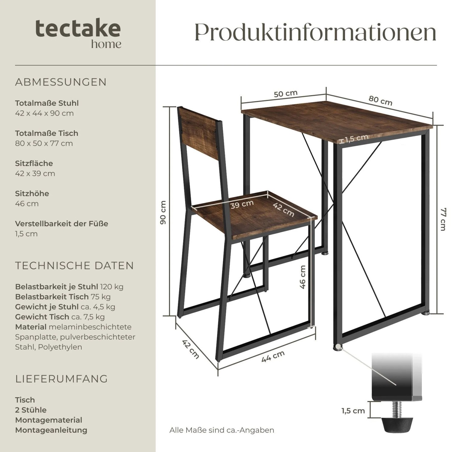 Tectake Sitzgruppe Margate 3 Teilig Esstisch Mit 2 Stühlen  138 x 80 x 90 cm Industrial Holz Dunkel  Rustikal_6