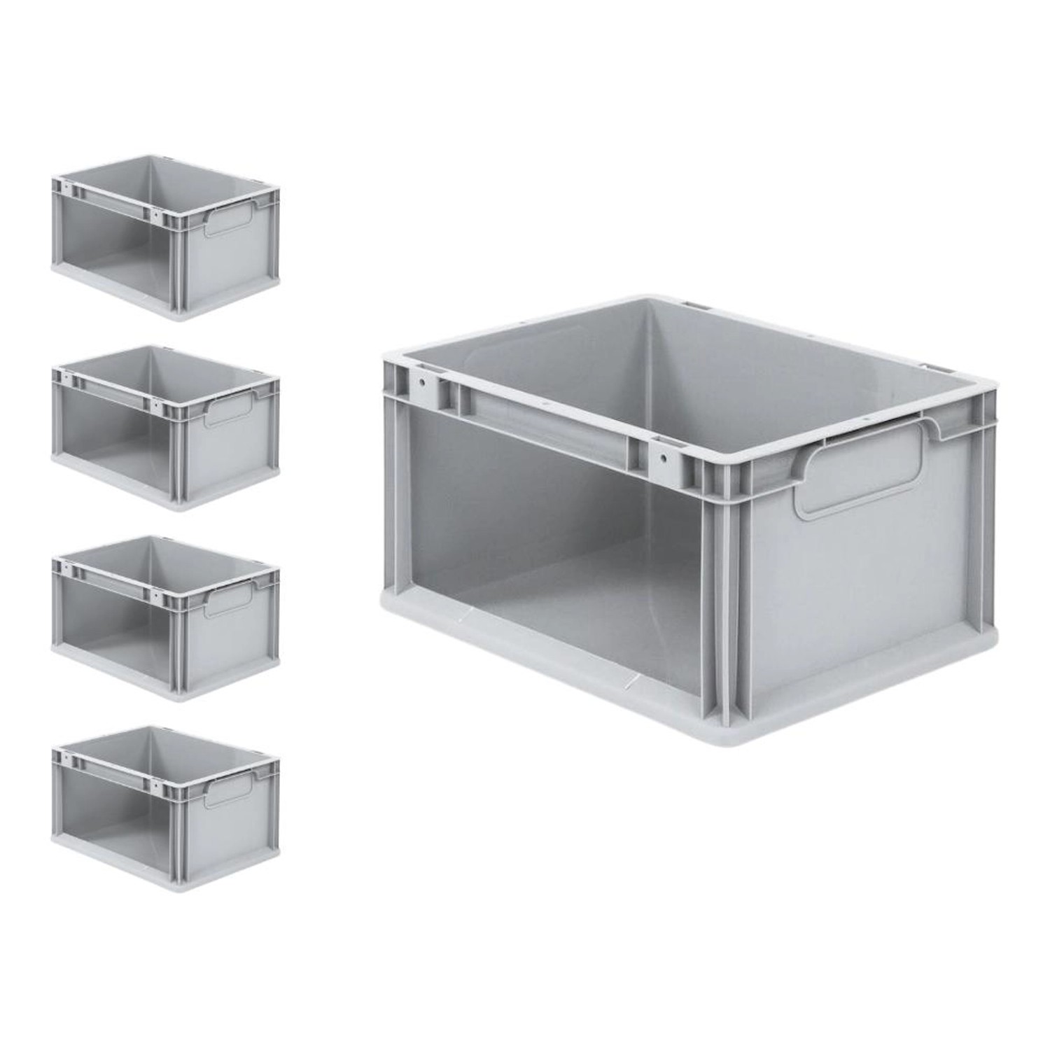 PROREGAL SparSet: 5 graue Euroboxen NextGen Store, 20 Liter, mit seitlicher Öffnung. Ideal zur Aufbewahrung.