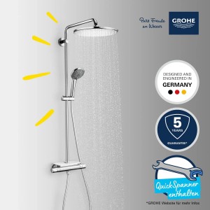 Grohe QuickFix Duschsystem Vitalio 310 mit Kopf- und Handbrause, Thermostatbatterie und Wasserstrahl.