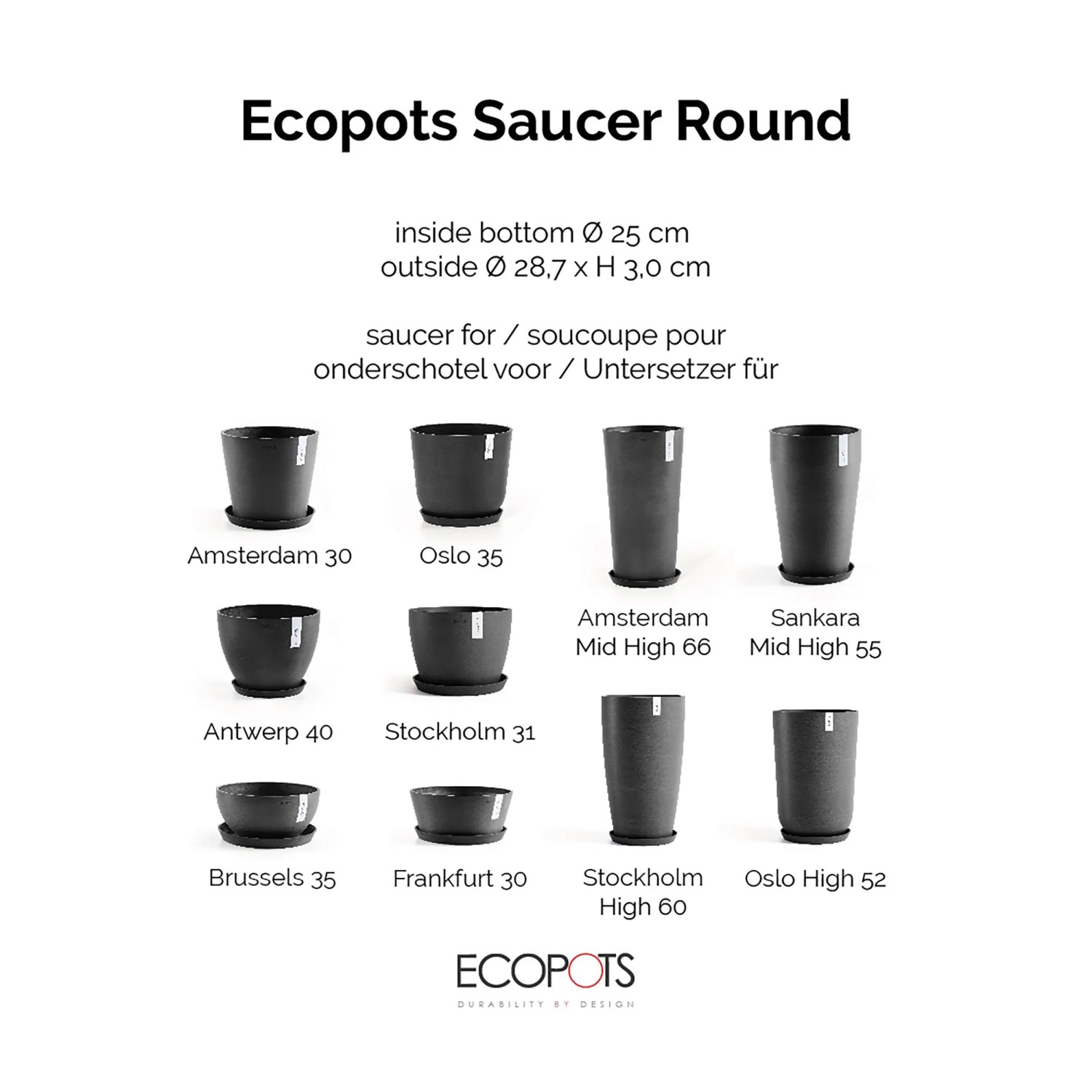 Ecopots Untersetzer, dunkelgrau, 30 cm, passend für verschiedene Ecopots Pflanzgefäße.