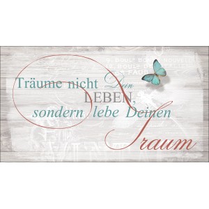 Dekopanel mit Spruch "Lebe Deinen Traum" und blauem Schmetterling, 27,5x15,5 cm.