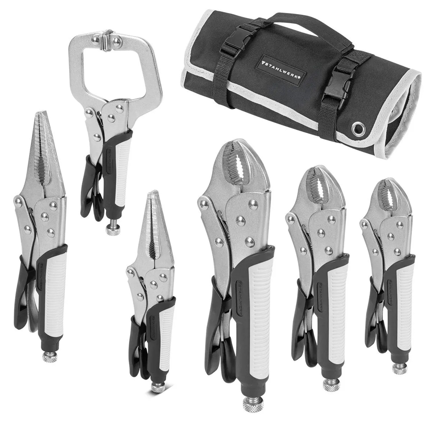 STAHLWERK 6-teiliges Gripzangen Set: silberne Zangen mit ergonomischen Griffen und schwarzer Rolltasche.