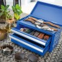 Blaue Mini Toolbox mit 2 Schubladen und Uhren. Aufbewahrungsbox für Kleinteile und Zubehör.