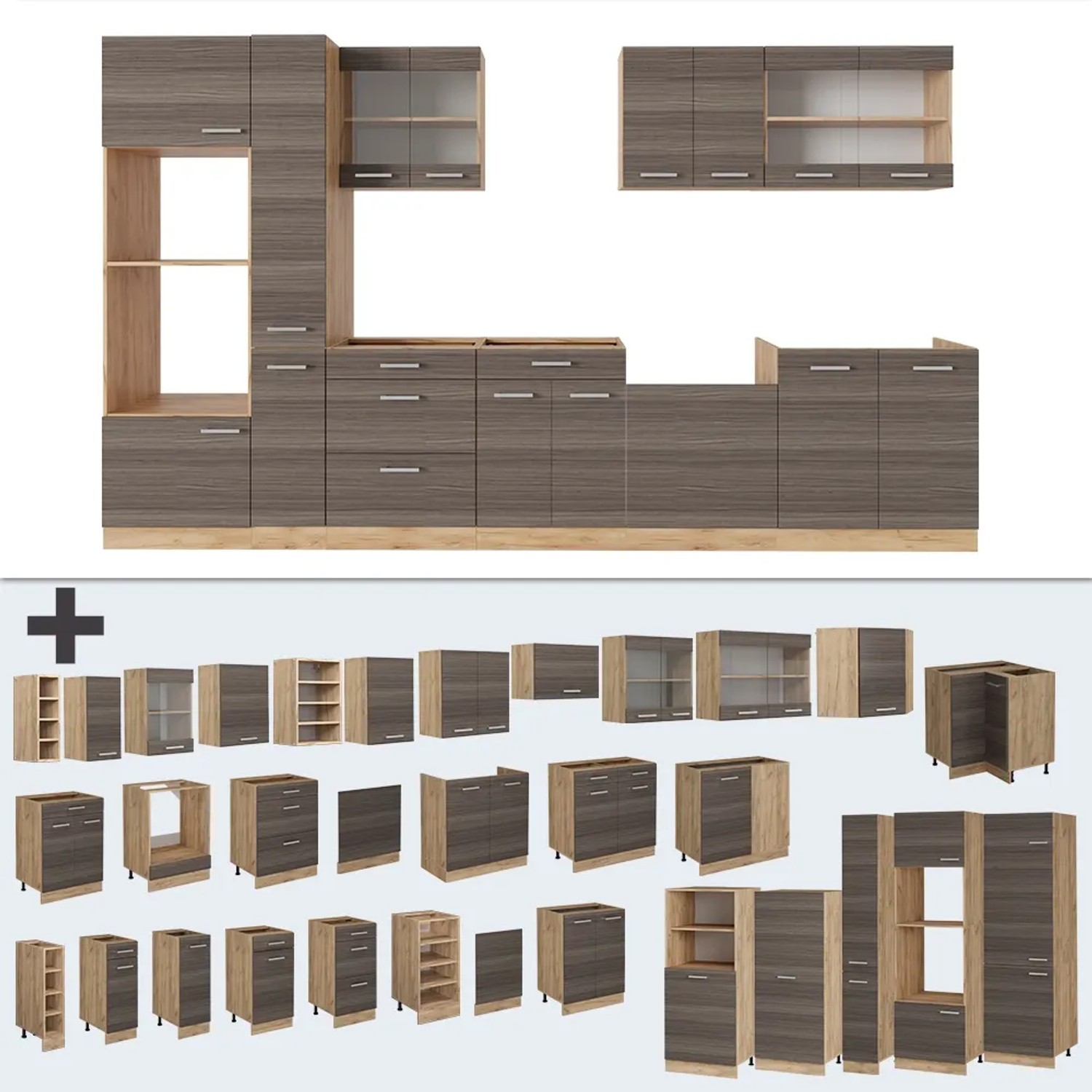 Vicco R-Line Küchenzeile 350cm in Edelgrau/Goldkraft Eiche mit Anthrazit Arbeitsplatte und Einzelteile.