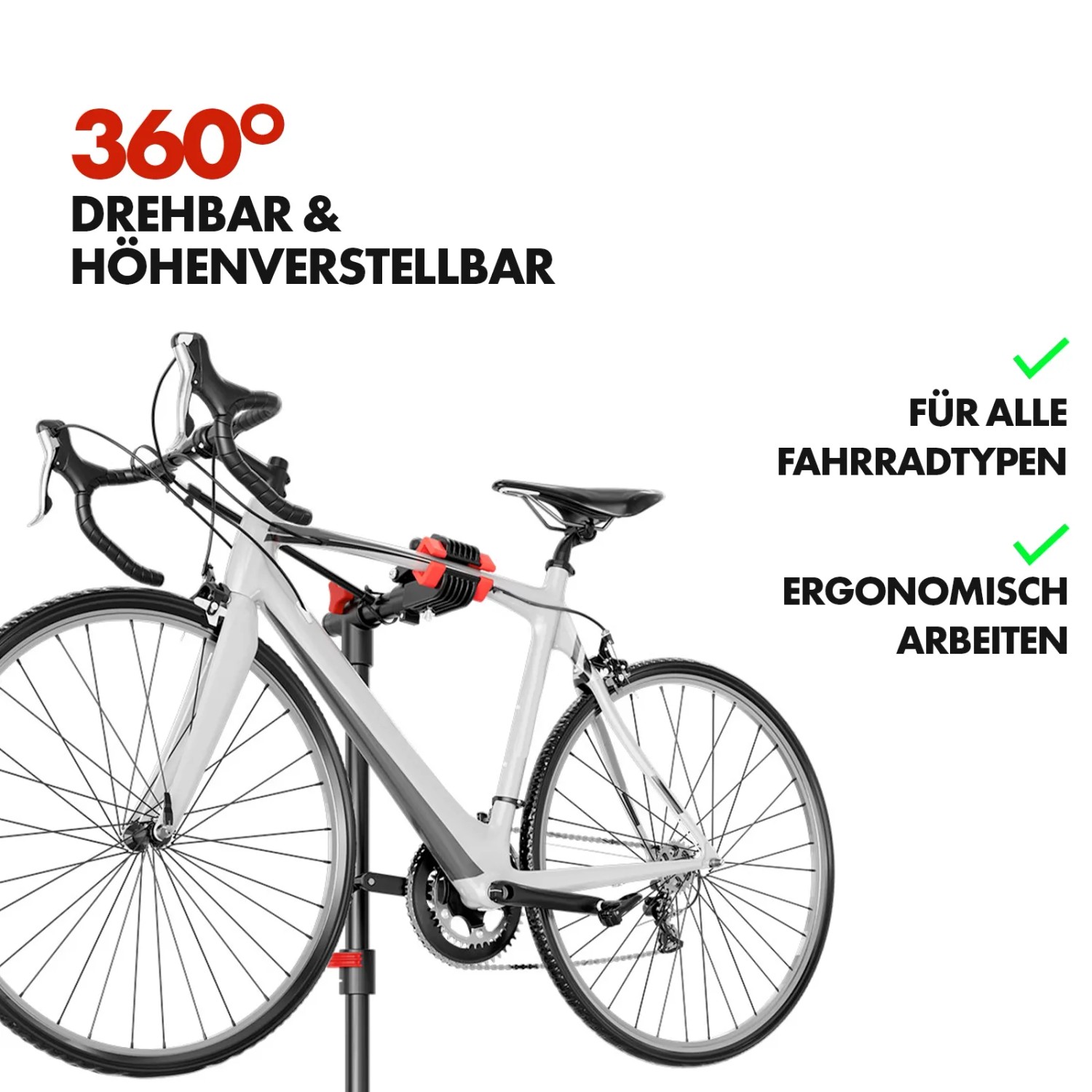 KARAT Fahrrad Montageständer Lois mit Rennrad, höhenverstellbar, bis 30 kg Tragkraft.