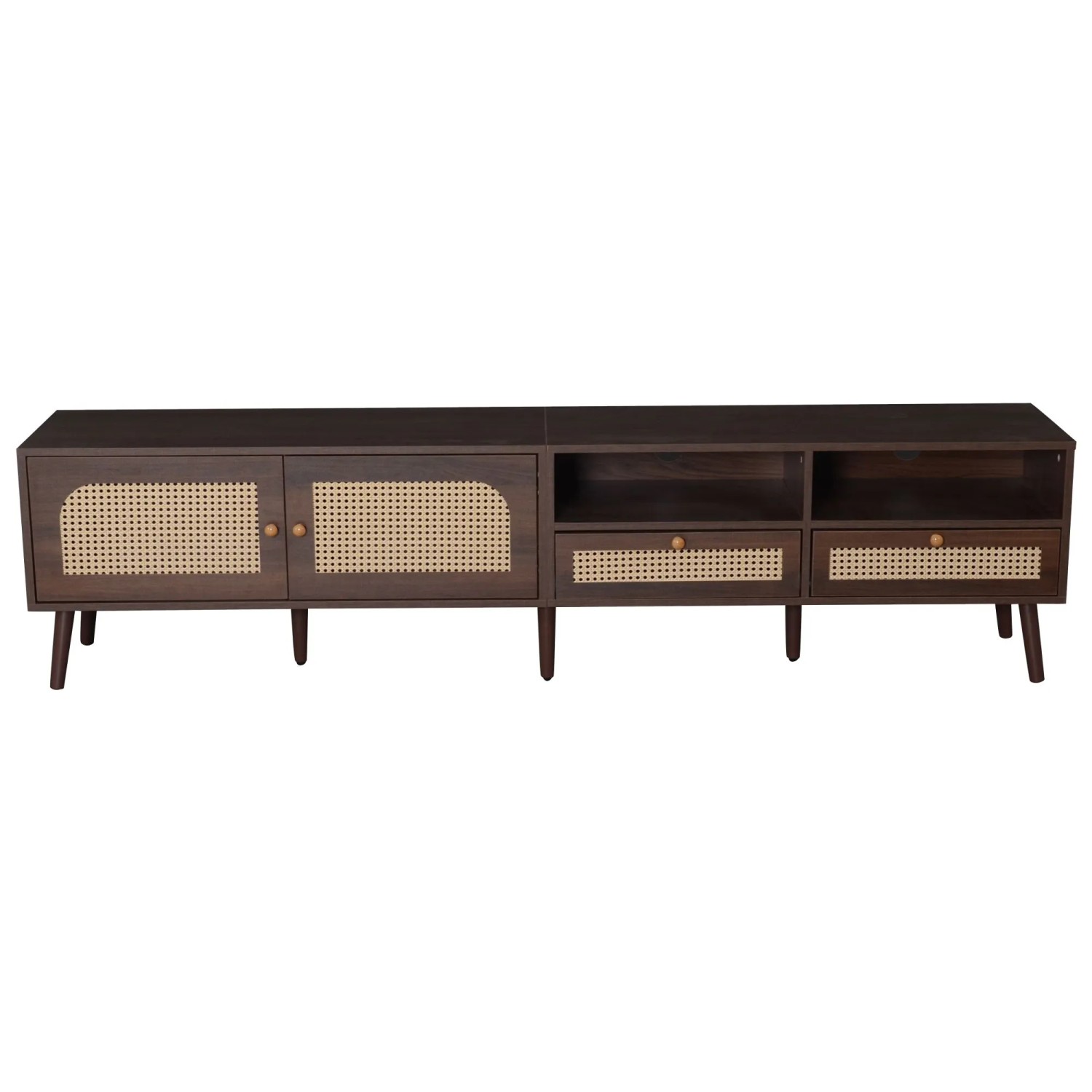 Okwish Tv Schrank Mit Rattan Türen Schubladen Füßen Stauraum 200x37x49.5cm Braun