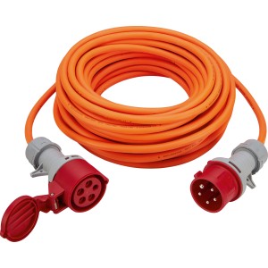 Orangefarbenes CEE Verlängerungskabel, 20 m, für den Außenbereich.