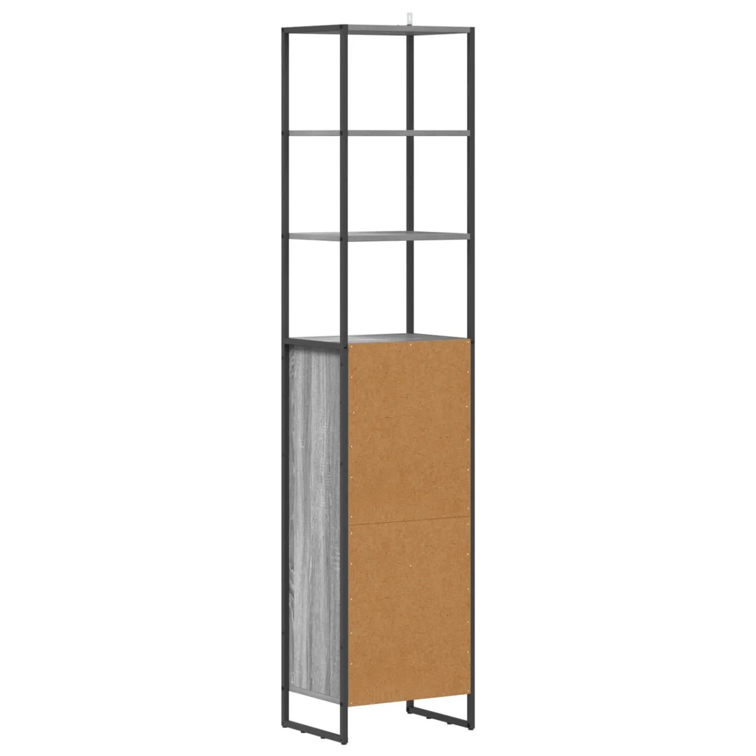 Rückansicht vidaXL Bad-Hochschrank Graues Sonoma. Hoher Schrank aus Holzwerkstoff mit dunklem Metallrahmen, offenen Regalen und geschlossenem Unterteil.