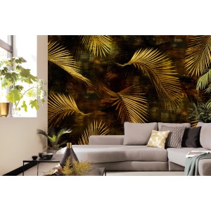 Erismann Fototapete Guido Maria Kretschmer Glossy Palms Gold, goldene Palmenblätter auf dunklem Grund.