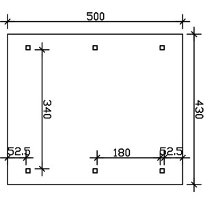 Maße des Satteldach-Carports Wallgau Nussbaum 430 x 500 cm mit schwarze Schindeln.