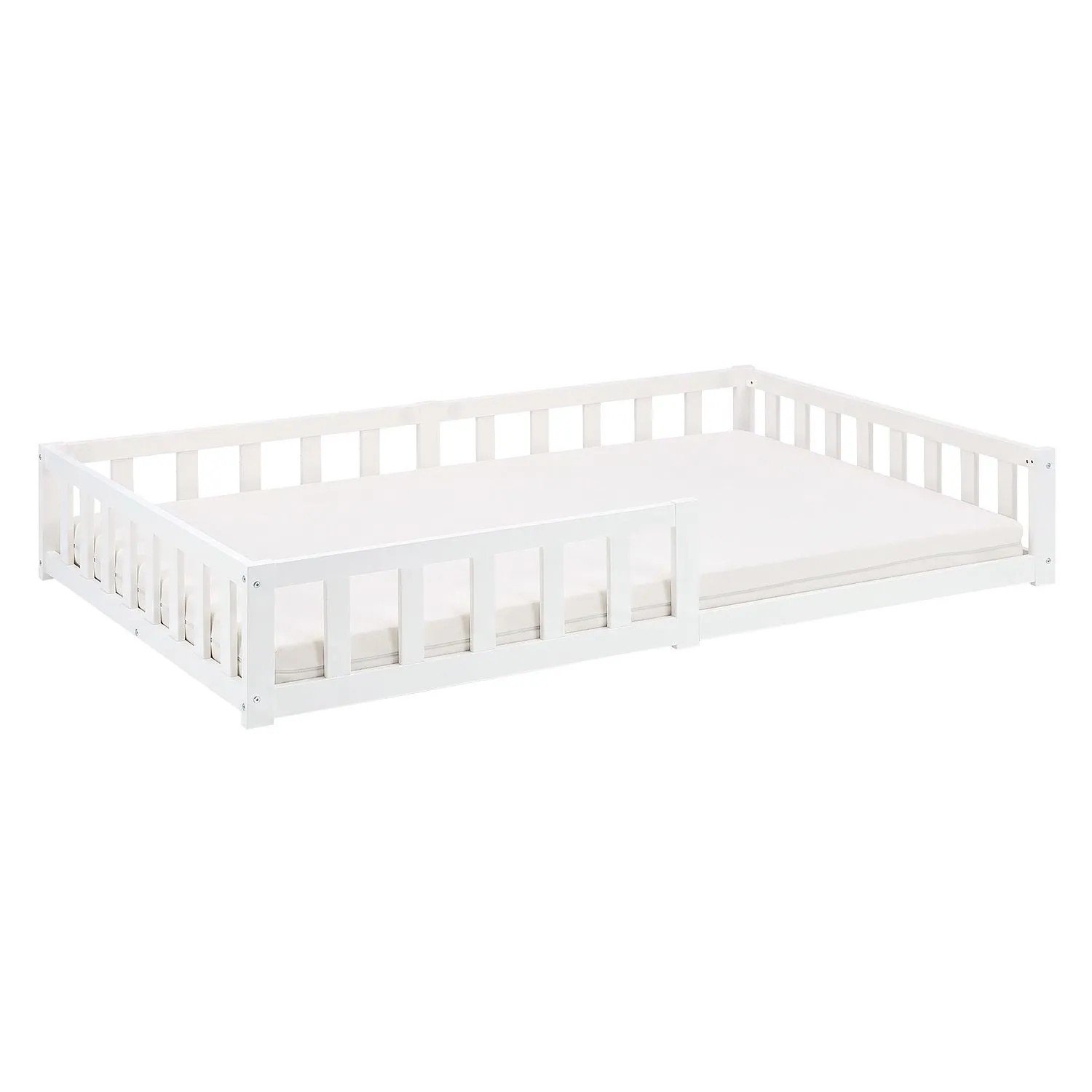 Homestyle4u Kinderbett Weiß mit Rausfallschutz 120x200 cm Bodenbett Lattenrost Matratze 3026