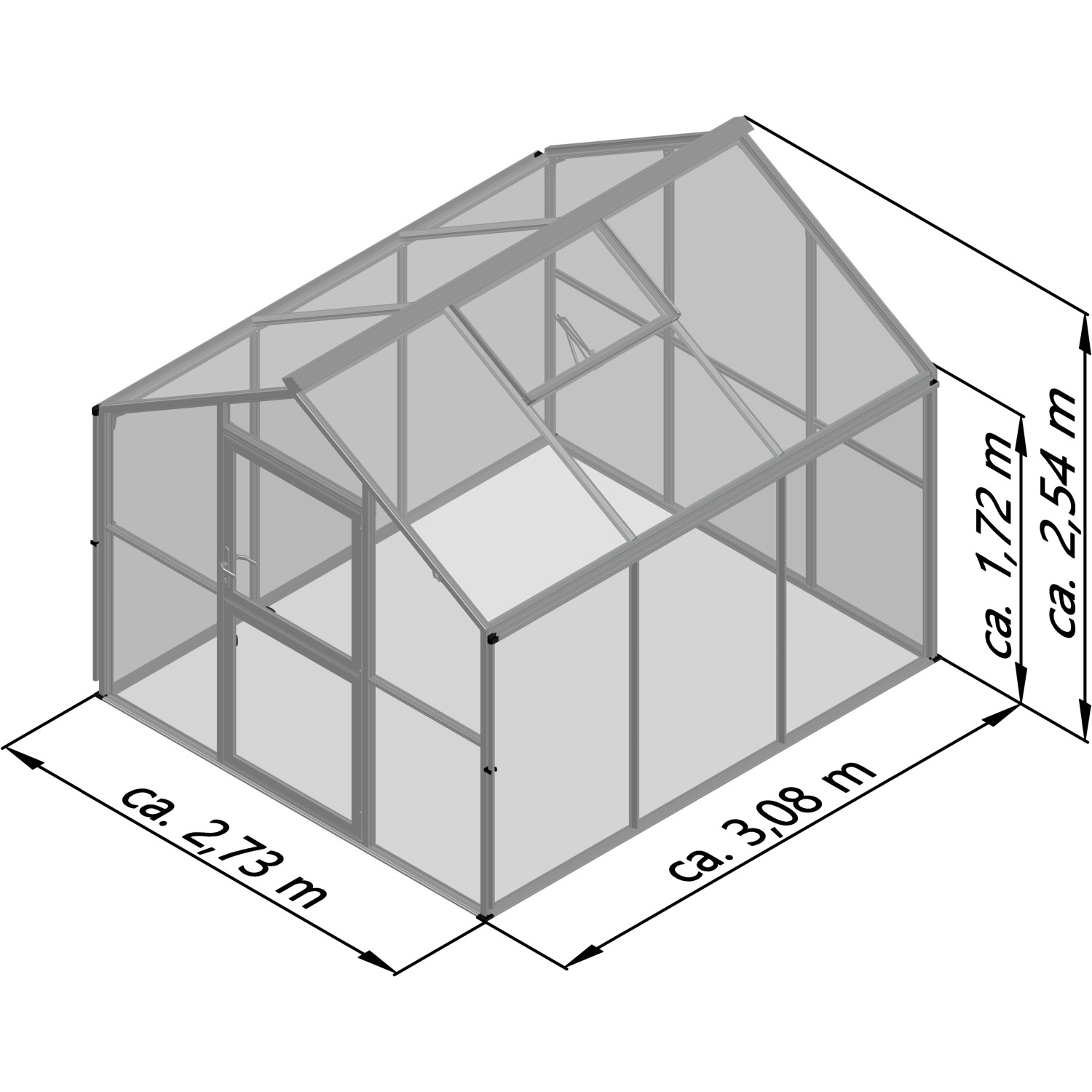 KGT Gewächshaus Novum III, tannengrün, 8,4 m², mit Maßangaben. Ideal für Pflanzenaufzucht.