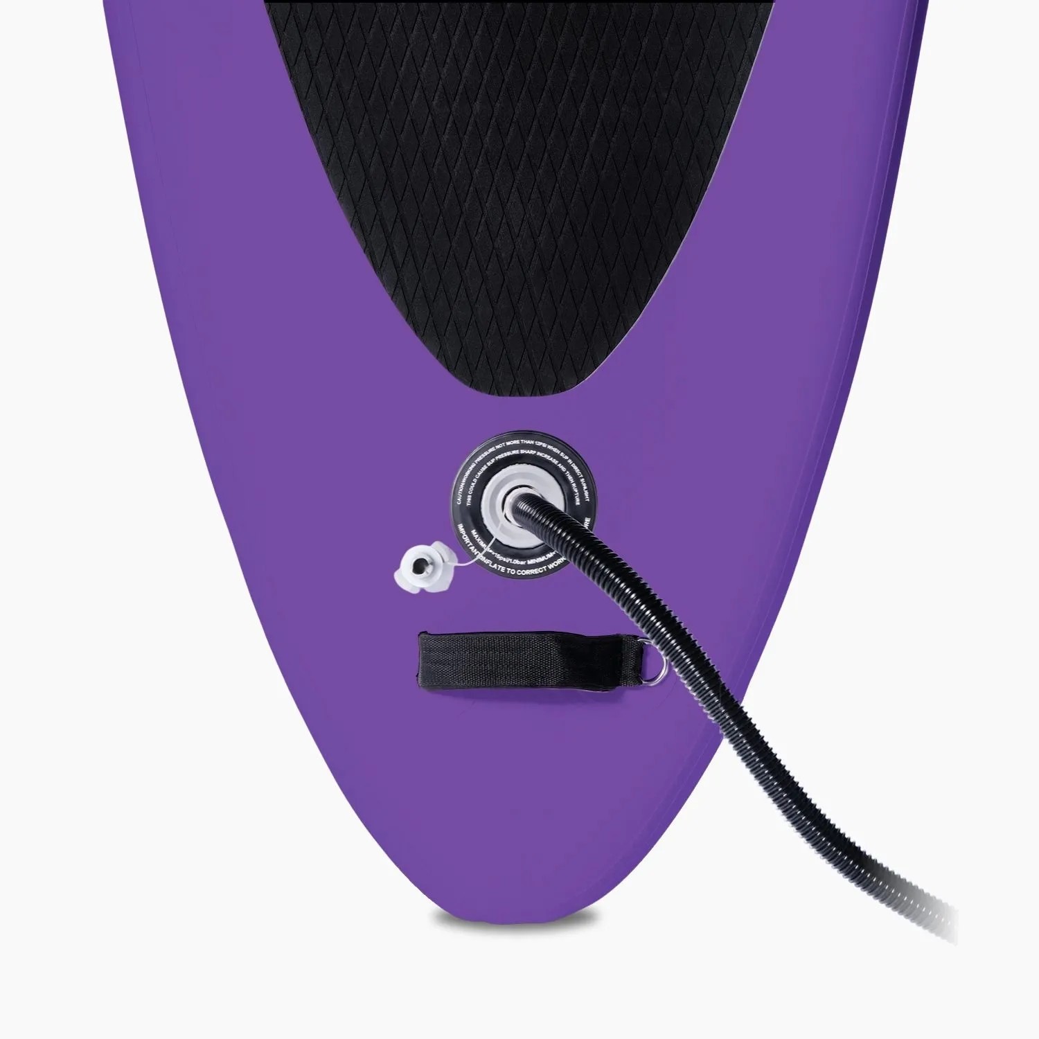 Lila Suprfit SUP Board Halia: Ventil mit Pumpschlauch und Tragegriff am Heck des Stand-Up-Paddling Boards.