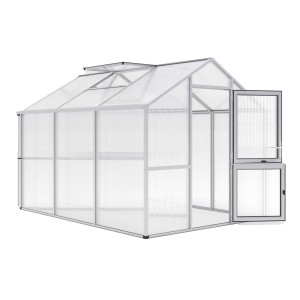 KGT Gewächshaus Alu blank 7,53 m² mit geöffneter Tür und Dachfenster.