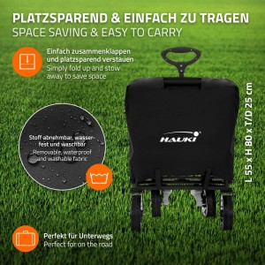 Hauki Bollerwagen XXL, faltbar, schwarz-grau mit Dach und Tasche. Camping Handwagen.