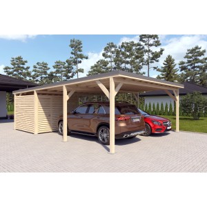 Dunkelgrauer Holzbrüder Doppelcarport Ralf mit kleinem Geräteraum und zwei geparkten Autos.