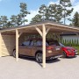 Dunkelgrauer Holzbrüder Doppelcarport Ralf mit kleinem Geräteraum und zwei geparkten Autos.