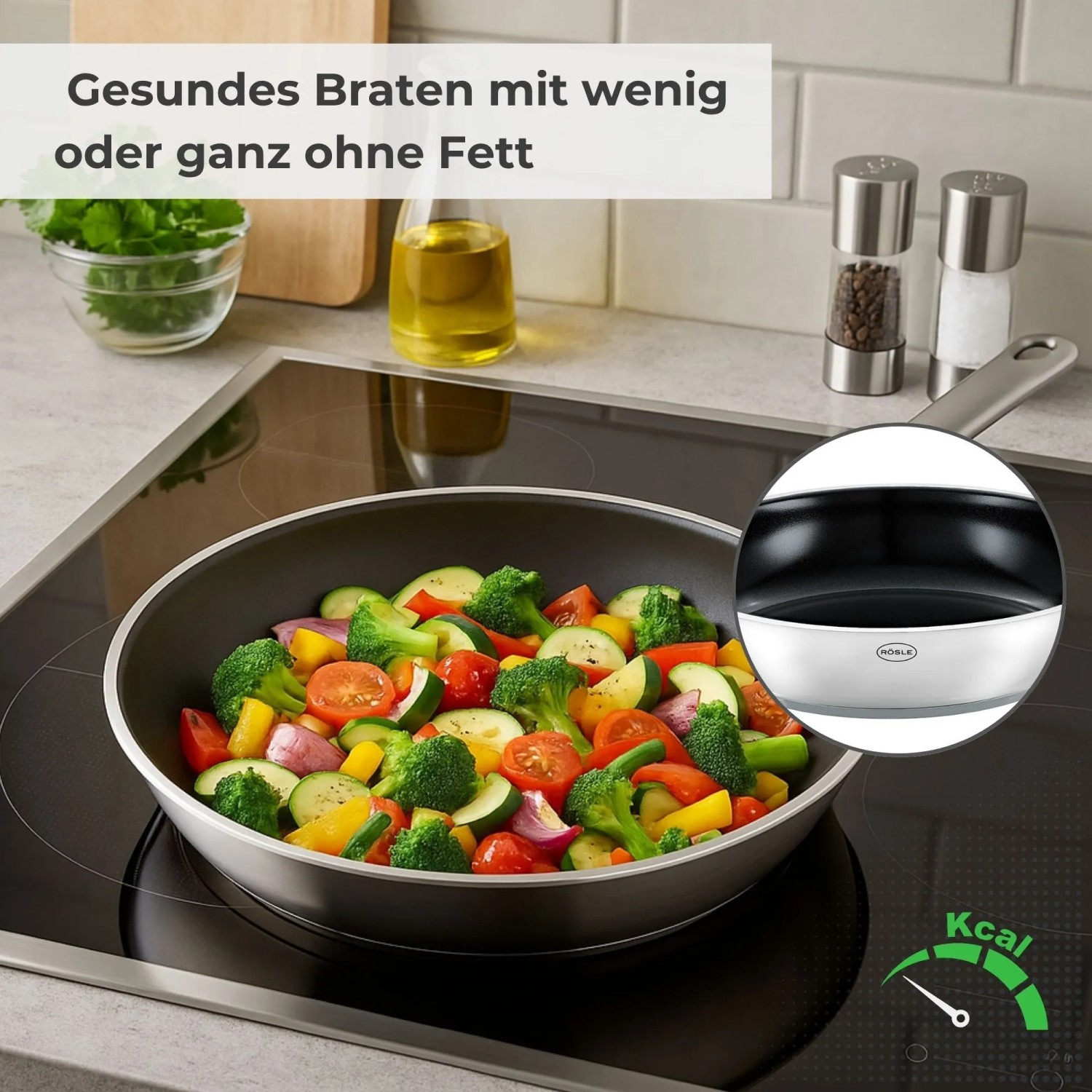 RÖSLE Elegance ProCera Bratpfanne (Ø 28 cm) mit Gemüse auf einem Induktionskochfeld.