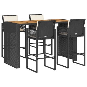 vidaXL Gartenbar-Set, 5-teilig, schwarz, Poly Rattan, Akazie, mit Kissen. Gartenmöbel für Terrasse und Garten.