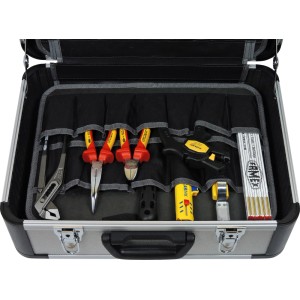 Offener Famex Elektriker Werkzeugkoffer 436-10 mit diversen Werkzeugen in Einstecktaschen.