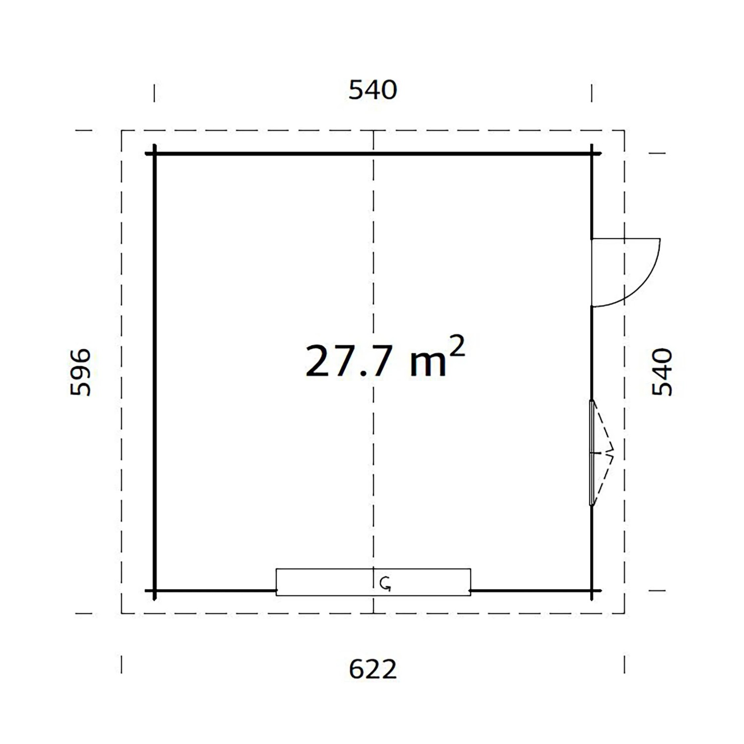 Grundriss Palmako Holzgarage Roger, braun, 540x540 cm, mit Maßen und Tür-/Fensterposition.