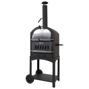 Schwarzer MCW Holzkohlegrill N15 Pizzaofen aus Stahl mit Schornstein, Temperaturanzeige und Rädern.