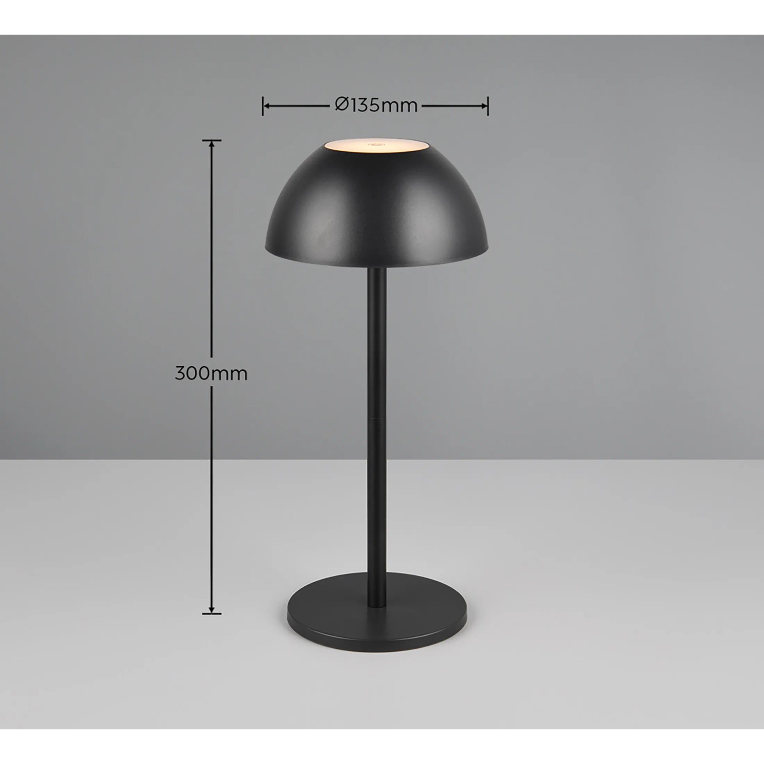 Schwarze, dimmbare LED-Tischleuchte Ricardo, Ø 13,5 cm, für Innen & Außen. Moderne Akku-Tischlampe.