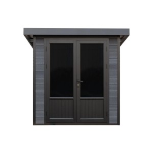 Modernes Fjordholz WPC Gartenhaus mit Pultdach und Doppeltür aus Aluminium.