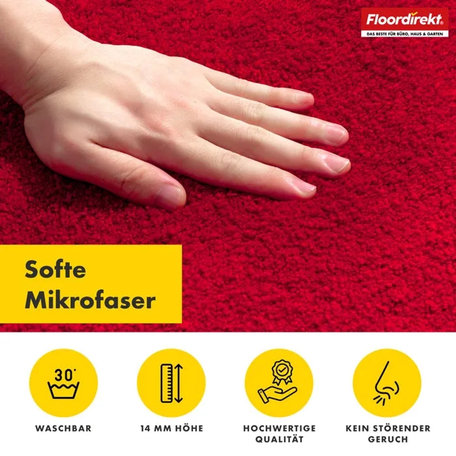 Rote Floordirekt Badematte Nasa (60x150 cm) mit Hand, weiche Mikrofaser, waschbar.