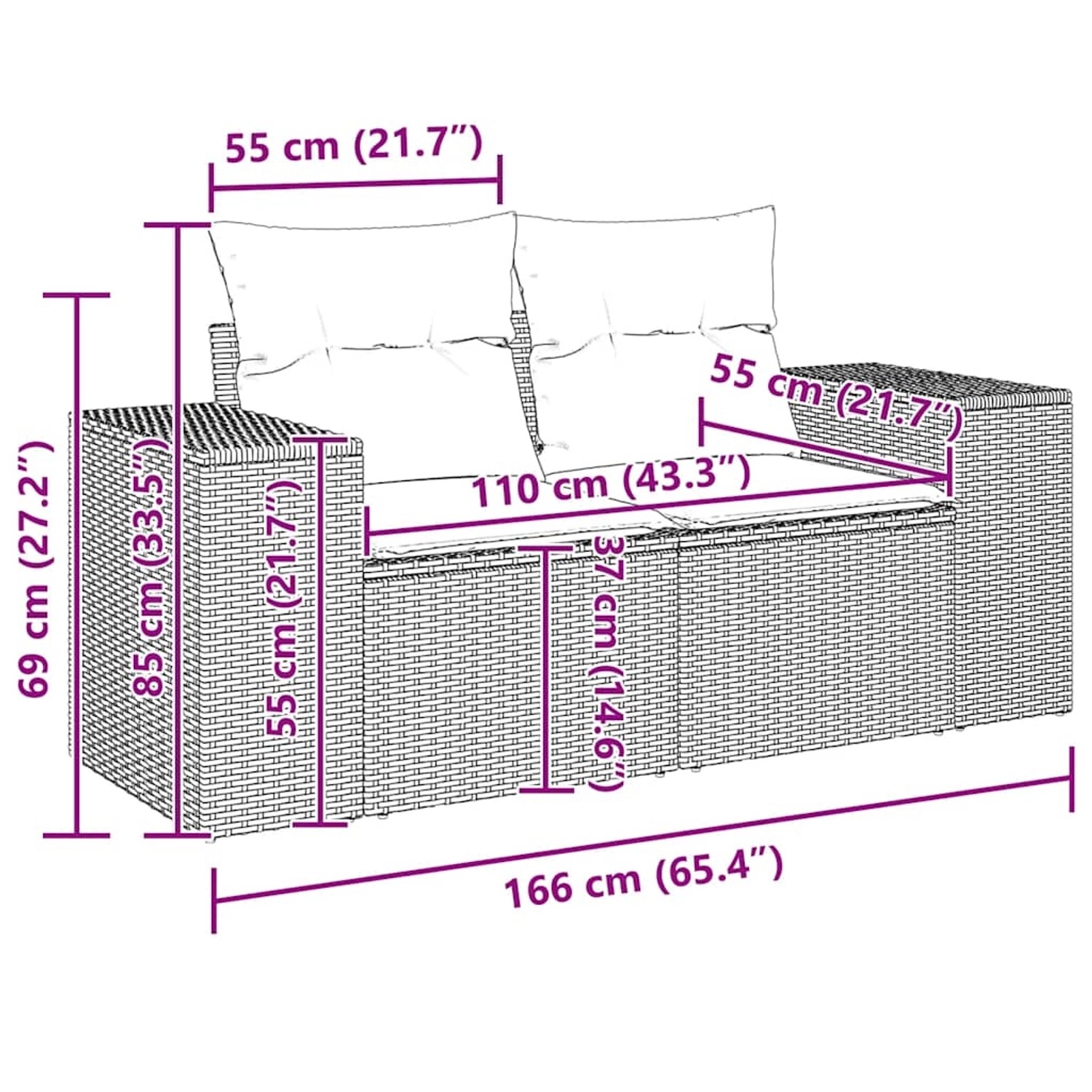 Hellgraue 7-teilige Garten-Sofagarnitur aus Poly Rattan mit Kissen, Maße eingezeichnet.