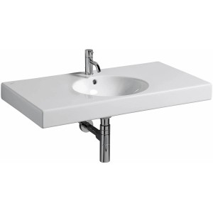 Weißes Geberit Waschbecken Preciosa II, 90 cm, mit Ablagefläche und Armatur.