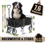 BigDean Bollerwagen faltbar mit Hund, Maße und Gewicht dargestellt. Ideal für Camping und Ausflüge.