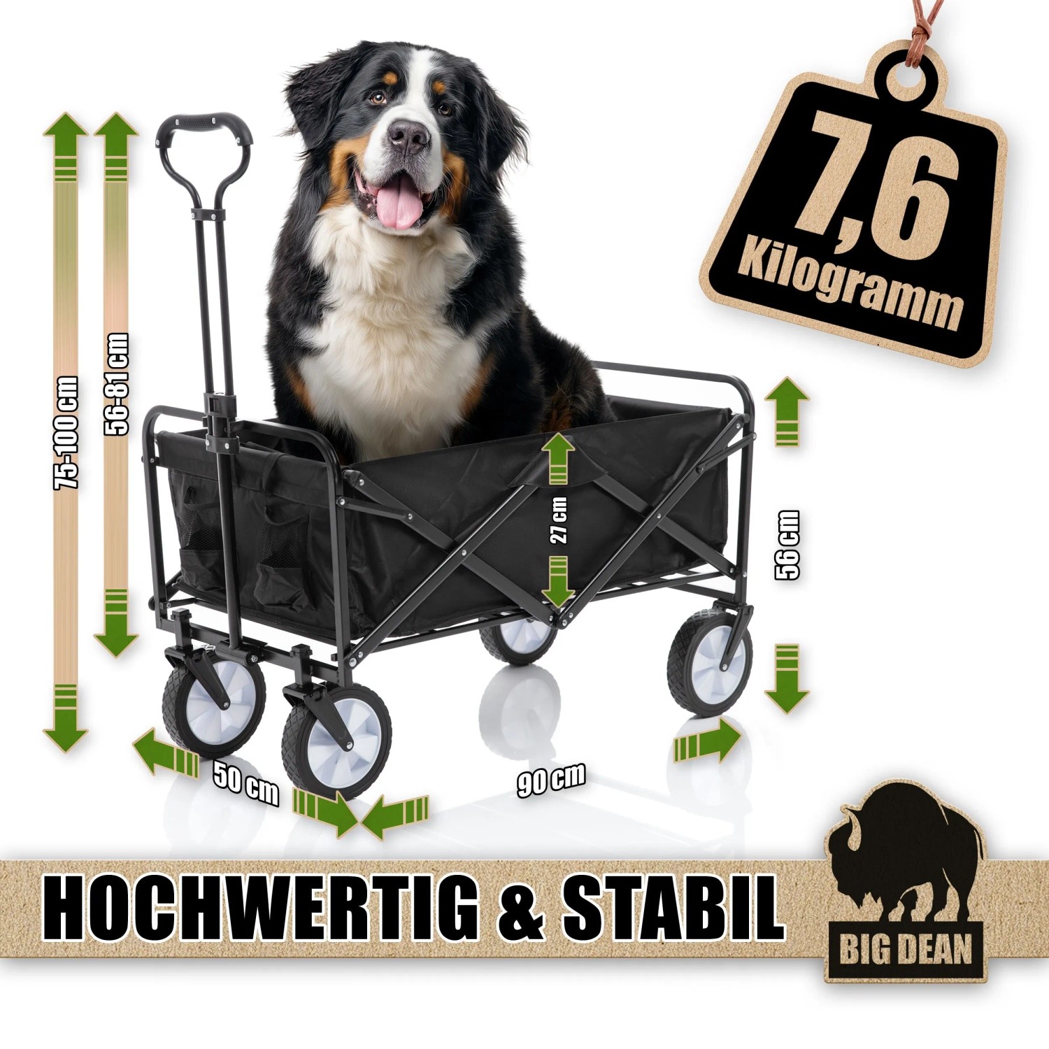 BigDean Bollerwagen faltbar mit Hund, Maße und Gewicht dargestellt. Ideal für Camping und Ausflüge.