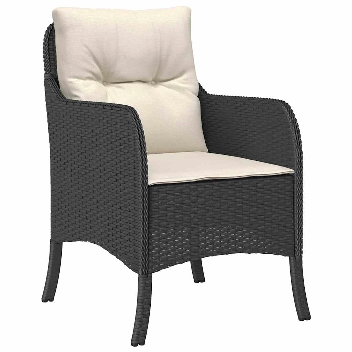 Schwarzer vidaXL Gartenstuhl aus Poly Rattan mit cremefarbenen Kissen.