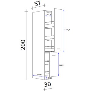 Skizze: Flex-Well Apotheker-Hochschrank Lucca, 30 cm, weiß, mit Maßen. Küchenschrank mit Auszügen.