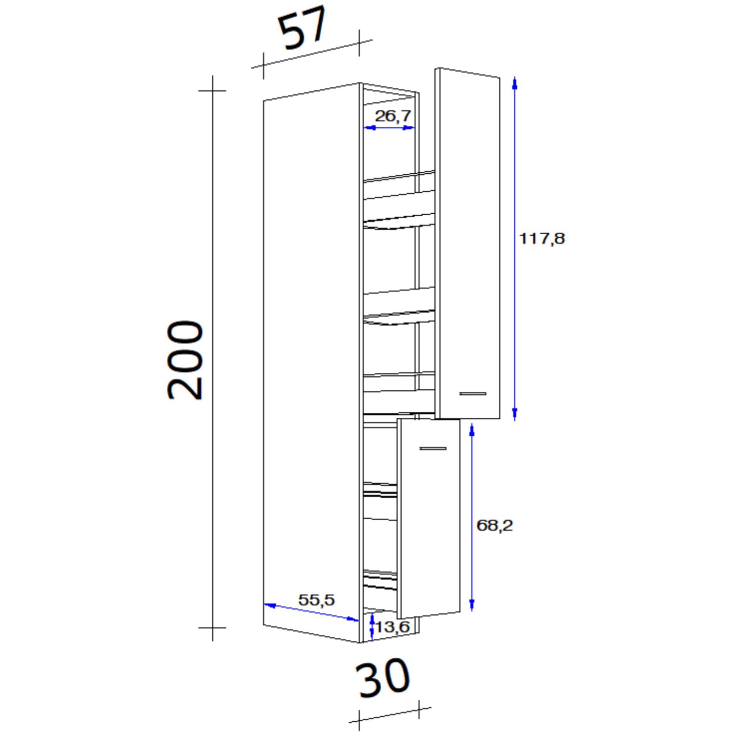 Skizze: Flex-Well Apotheker-Hochschrank Lucca, 30 cm, weiß, mit Maßen. Küchenschrank mit Auszügen.