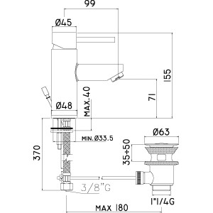 Technische Zeichnung: AquaSu Turro Singolo Waschtischarmatur mit Maßen und Excentergarnitur.