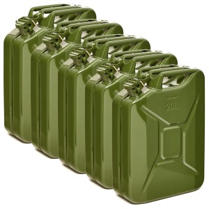 Fünf olivgrüne 20L Metall Kraftstoffkanister, TÜV-geprüft, für Benzin, Diesel, E10.