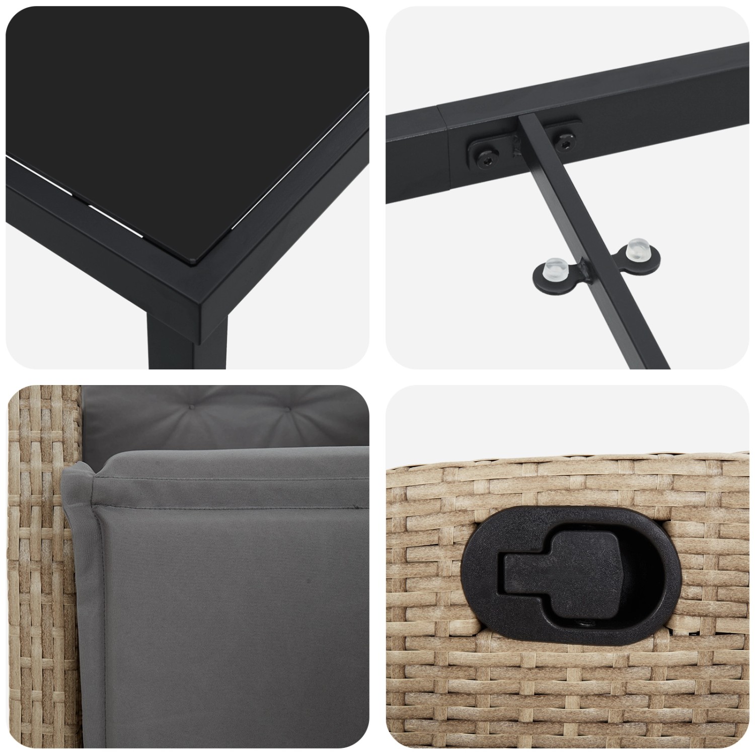 Detailansichten der vidaXL Garten Essgruppe, beige Poly Rattan, Tischplatte, Stuhl mit Polster und Verstellmechanismus.