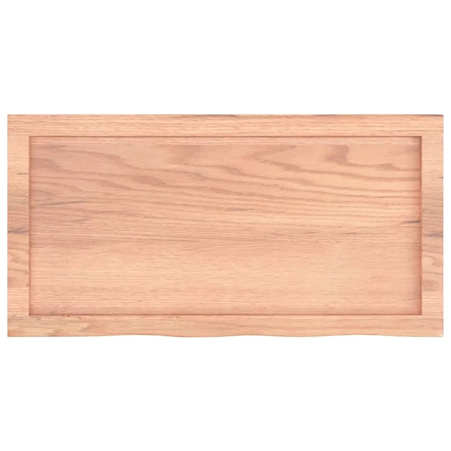 Helle, rechteckige Waschtischplatte aus behandeltem Massivholz (Eiche) mit Naturkante.